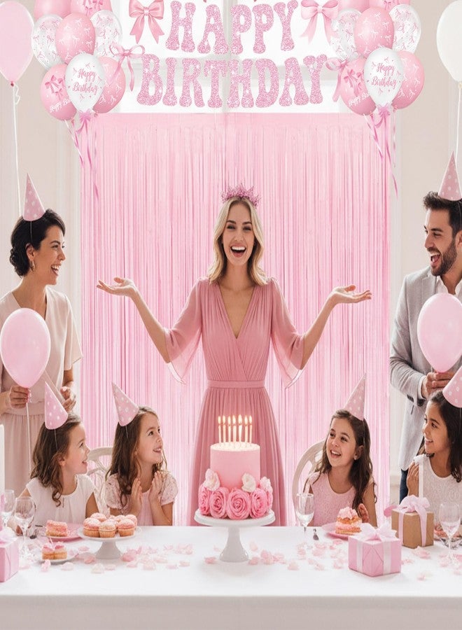 LINHAXM Pink Bow Birthday Decorations - 2 Pack Pink Bow Foil Fringe Curtains, Banner, and Balloons for Girls Bow Birthday, Baby Shower, Bachelorette, Bridal Shower Party Decor, 3.2ft x 8.2ft - Image 5